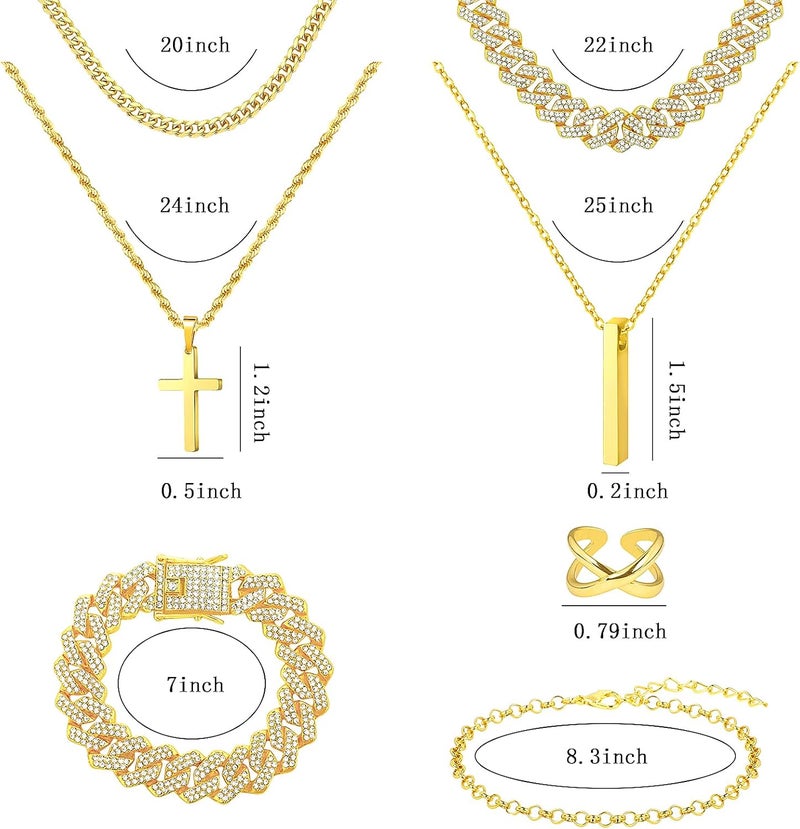 NEWITIN 15 Pieces Silver Jewelry Set for Men Stainless Steel Cuban Link Necklace Bracelet Cross Pendant Necklace Vintage Ring Cuban Jewelry Set for Men Women - Image 2